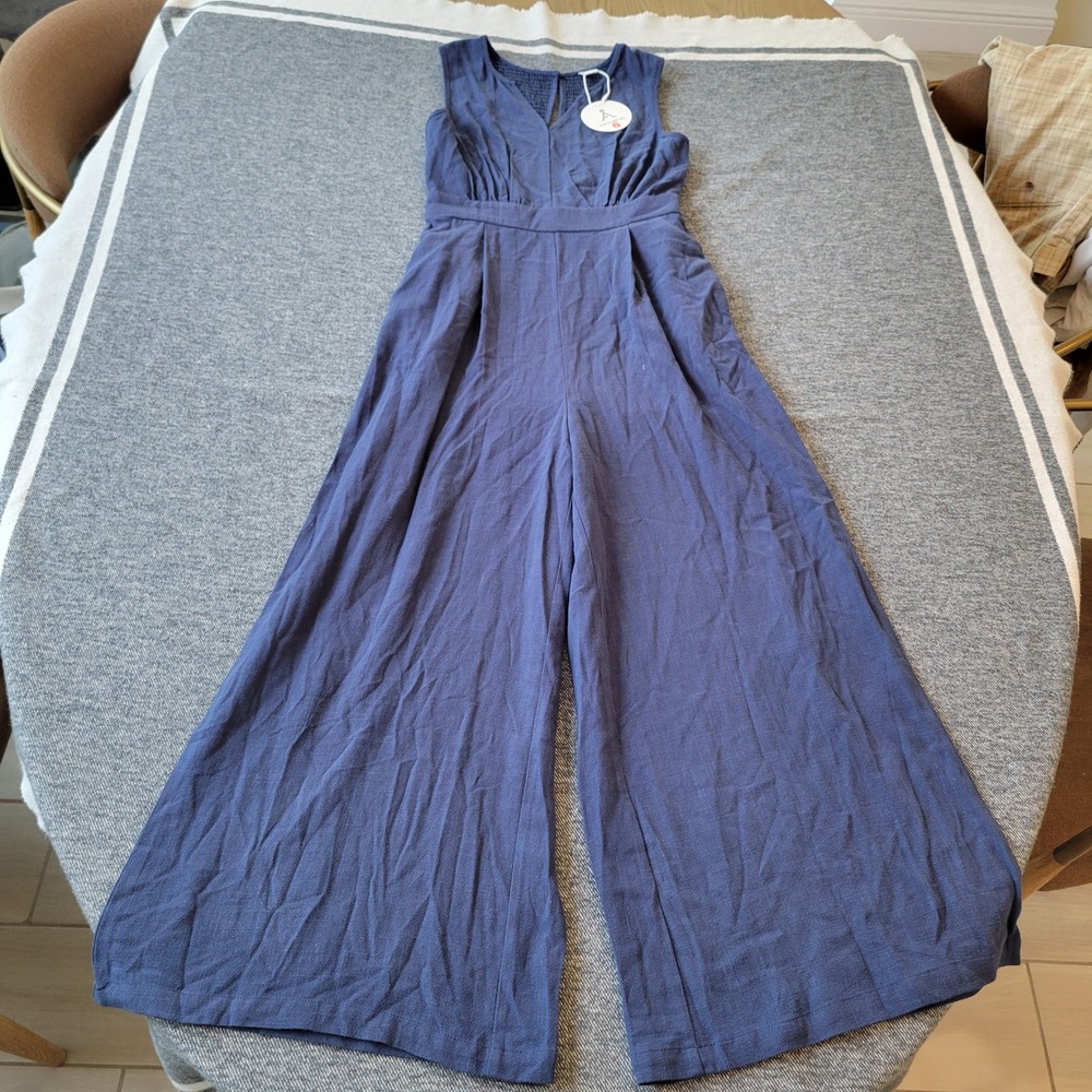 Anrabess Jumpsuit Womens Small Blue New Linen Blend Wide Leg Smocked Back